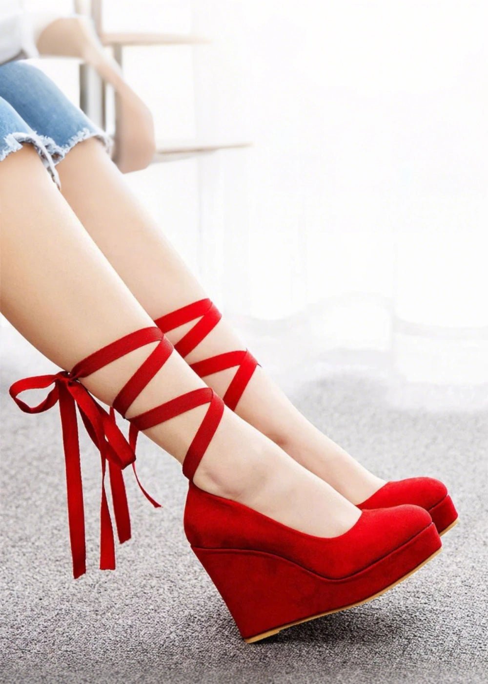 Stylish Black and Red Round Toe Platform Wedge Heels—Elevate Every Look with Trendy Versatility - Red - PromDressClub