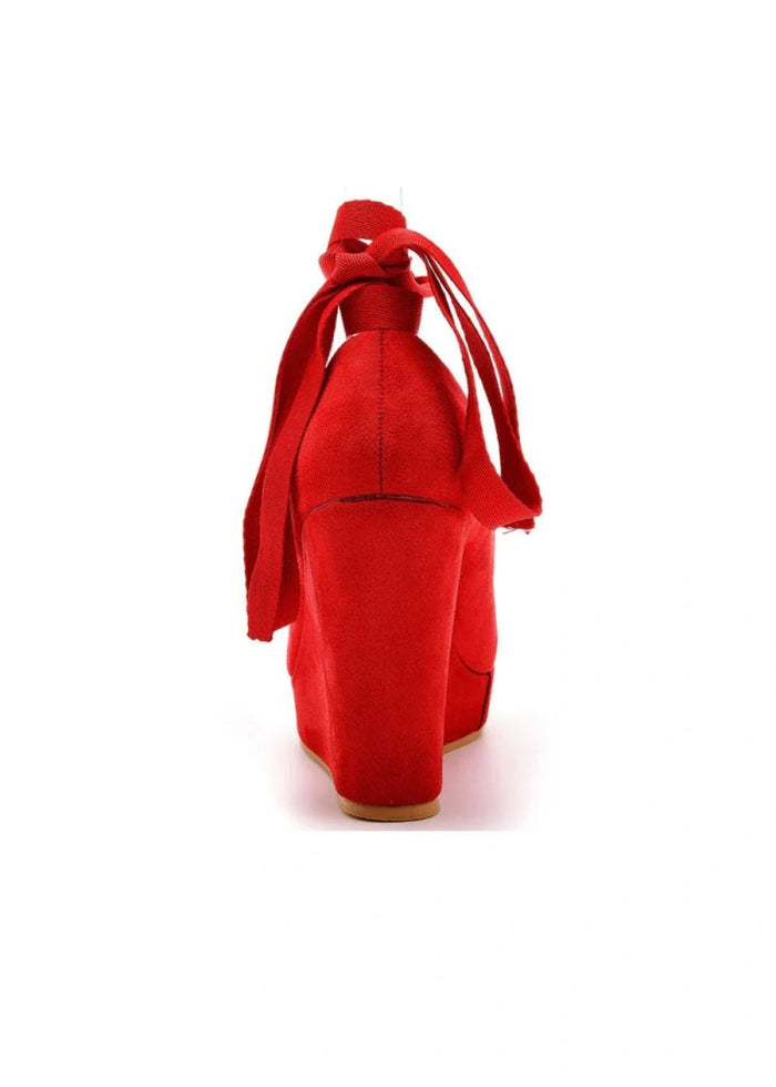 Stylish Black and Red Round Toe Platform Wedge Heels—Elevate Every Look with Trendy Versatility - Red - PromDressClub