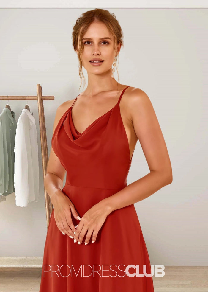 Susanna | A Line Spaghetti Straps Rust Brown Chiffon Long Bridesmaid Dress - Price #price_variant_lowest# - Rust - PromDressClub