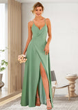 Susie | A Line High Slit Sage Green Chiffon Long Bridesmaid Dress - Sage - PROMDRESS Club