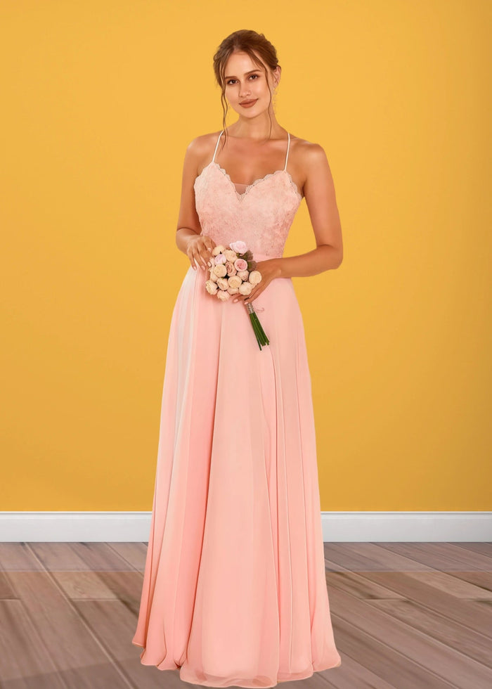 Sylvia | Lace Embroider Blush Chiffon Long Bridesmaid Dress - Price #price_variant_lowest# - Blush - PromDressClub