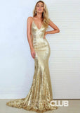 Tabitha |Gold Prom Dresses Long With Mermaid V - Neck Sequined Court Train Pleated - Gold - PromDressClub