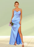 Tabitha | Sheath Column Blue Satin Long Bridesmaid Dress with Slit - Blue - PROMDRESS Club