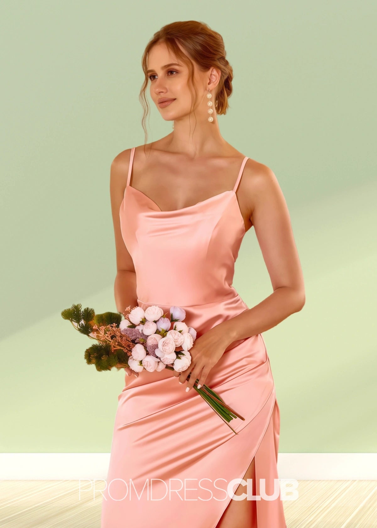 Tabitha | Sheath Column Blue Satin Long Bridesmaid Dress with Slit - Pink - PROMDRESS Club