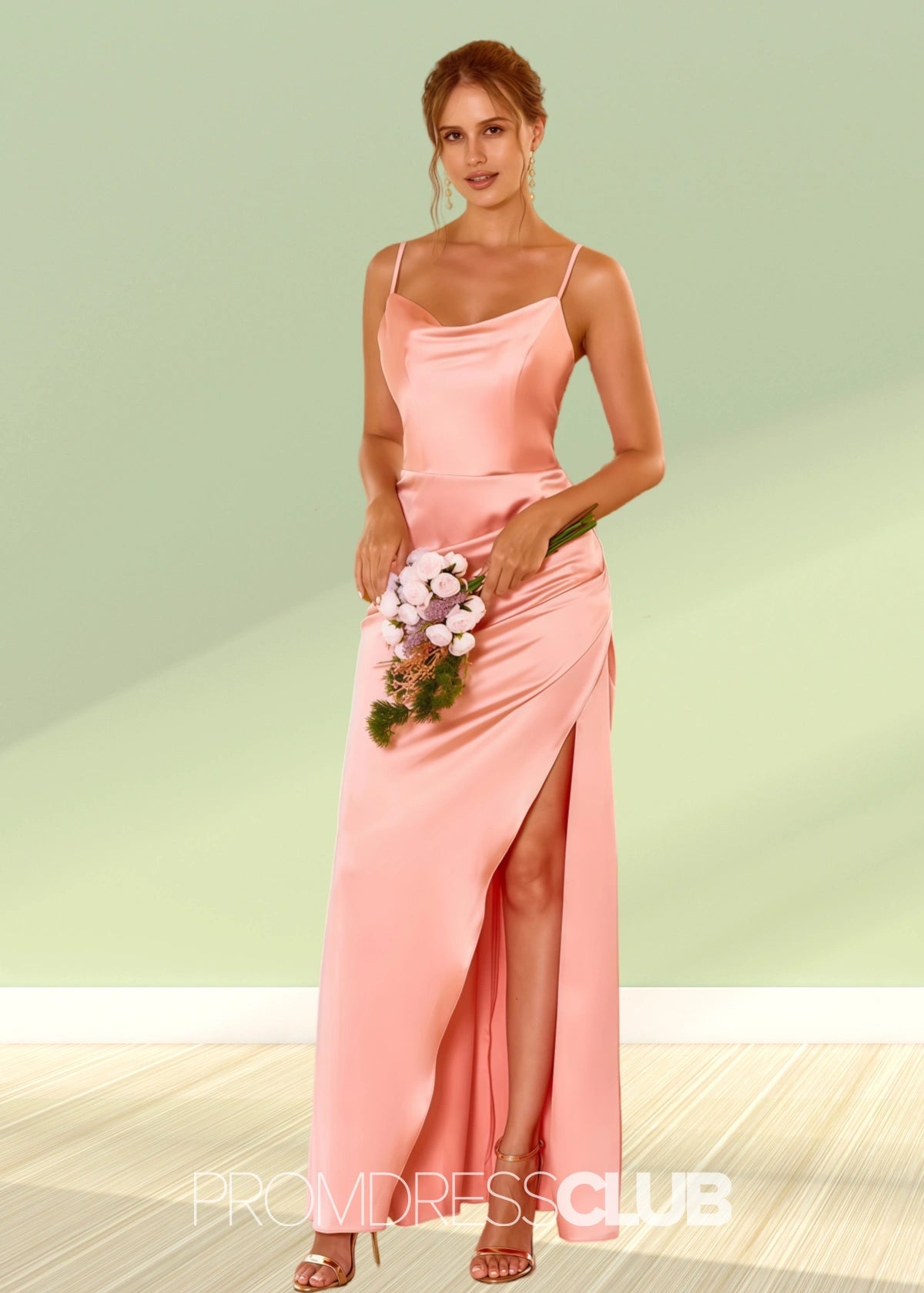 Tabitha | Sheath Column Blue Satin Long Bridesmaid Dress with Slit - Pink - PROMDRESS Club