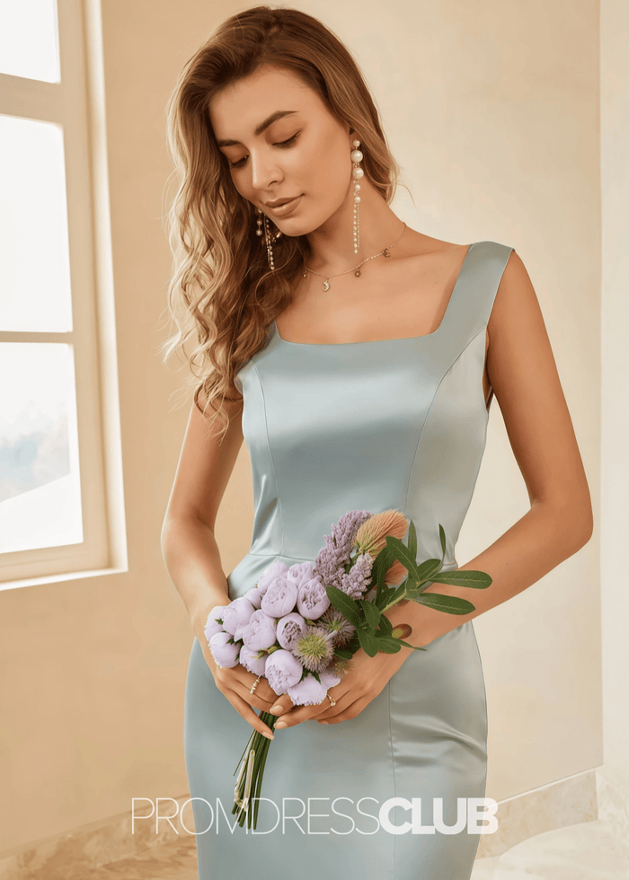 Tammy | Mermaid Straps Bows Sage Green Satin Long Bridesmaid Dress with Slit - Price #price_variant_lowest# - Sage - PromDressClub