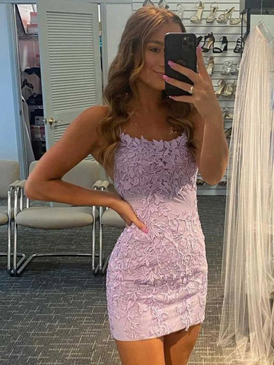 Tammy |Sheath Spaghetti Straps Lace Short Sky Blue Homecoming Dress With Criss Cross Lace - up Back - Lavender - PromDressClub