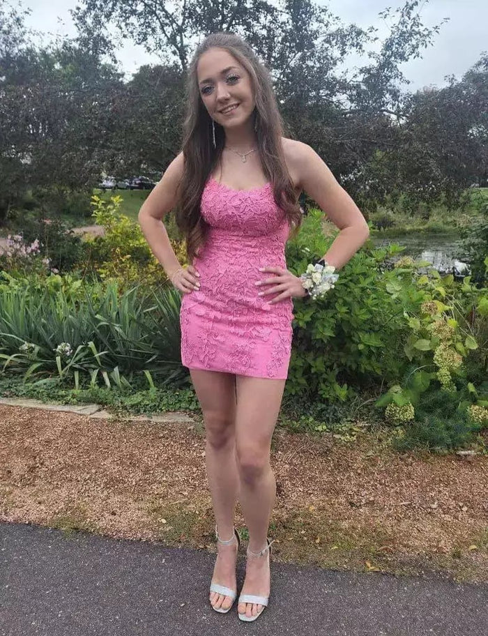 Tammy |Sheath Spaghetti Straps Lace Short Sky Blue Homecoming Dress With Criss Cross Lace - up Back - Pink - PromDressClub