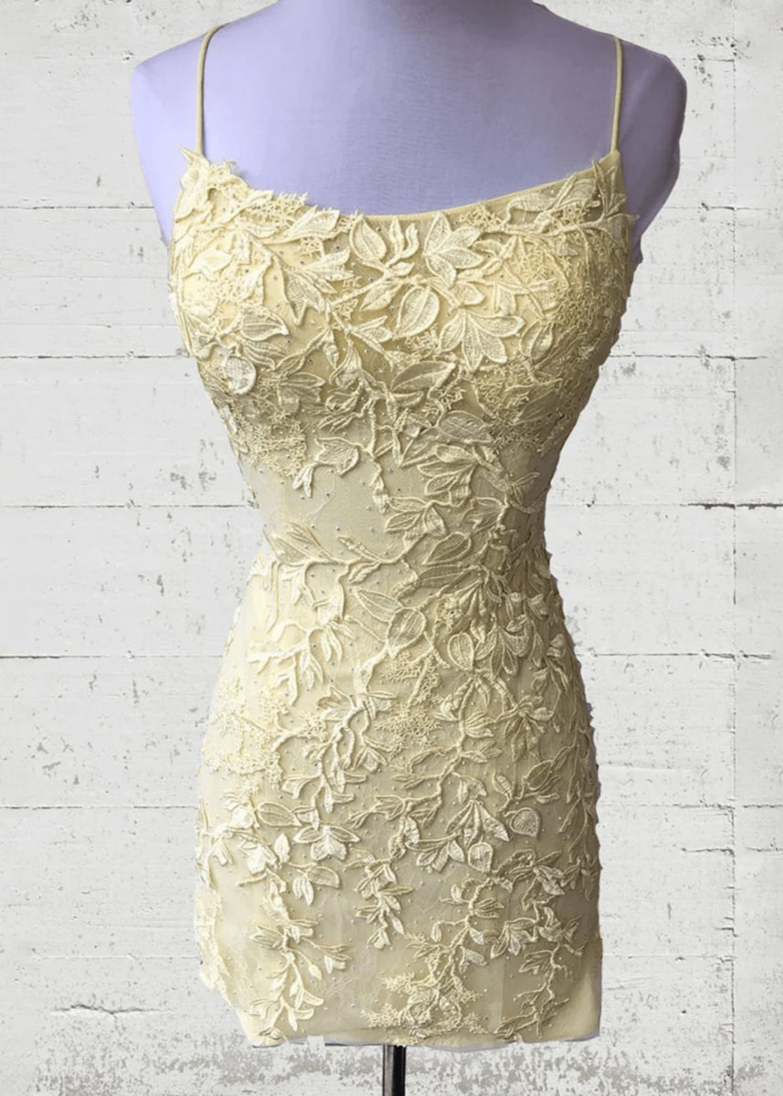 Tammy |Sheath Spaghetti Straps Lace Short Sky Blue Homecoming Dress With Criss Cross Lace - up Back - Yellow - PromDressClub