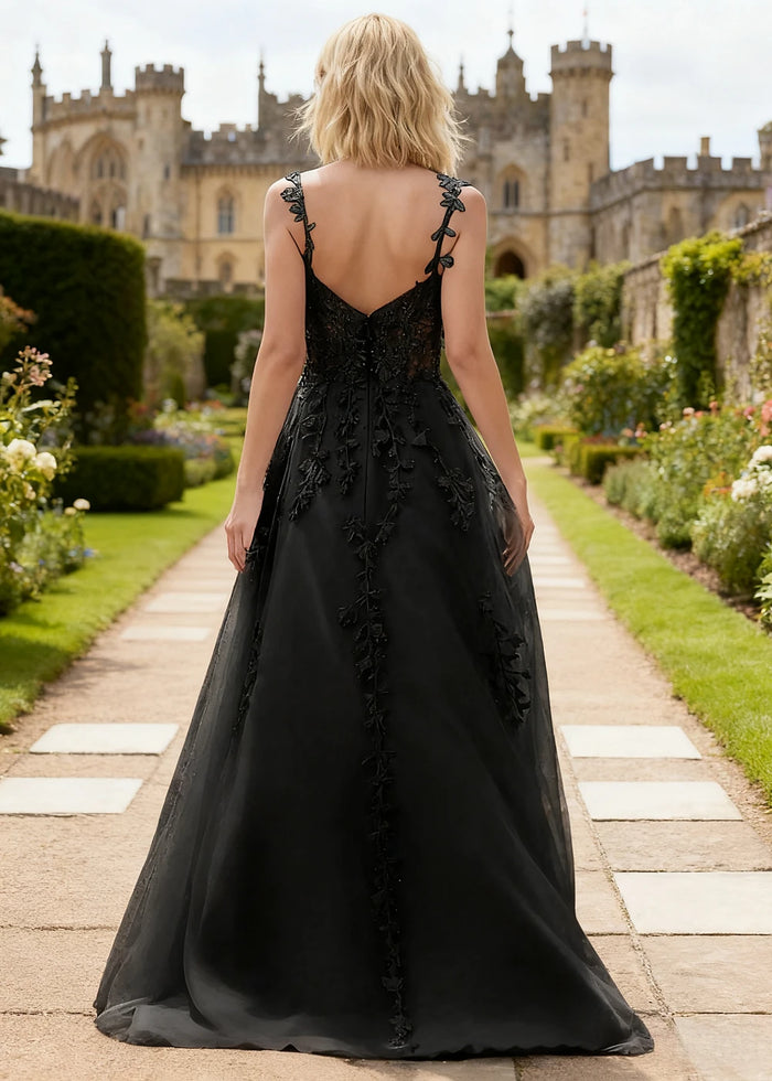 Tansy Black Lace Beaded Prom Dress | A - Line Sweetheart Neckline Corset Tulle Slit Gown - Black - PromDressClub