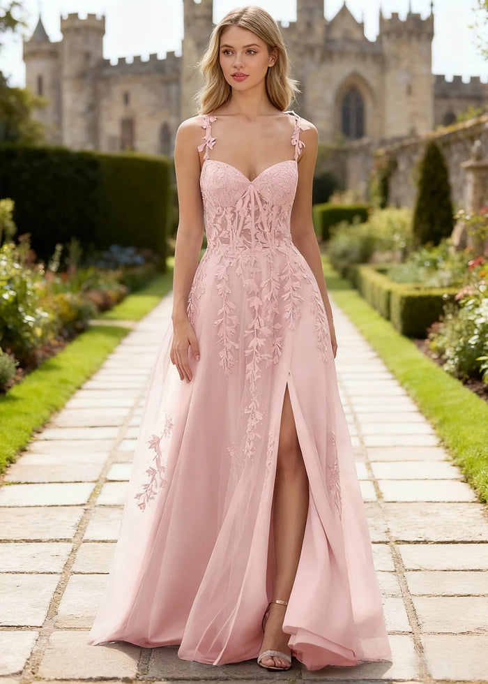 Tansy Blush Pink Lace Beaded Prom Dress | A - Line Sweetheart Neckline Corset Tulle Slit Gown - Blush - PromDressClub