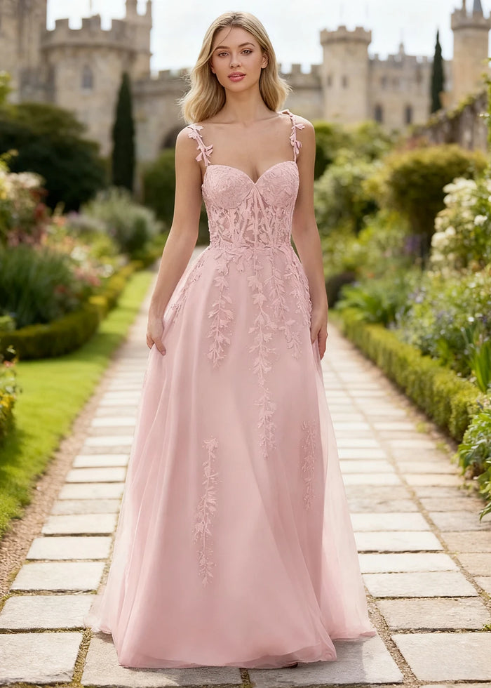 Tansy Blush Pink Lace Beaded Prom Dress | A - Line Sweetheart Neckline Corset Tulle Slit Gown - Blush - PromDressClub