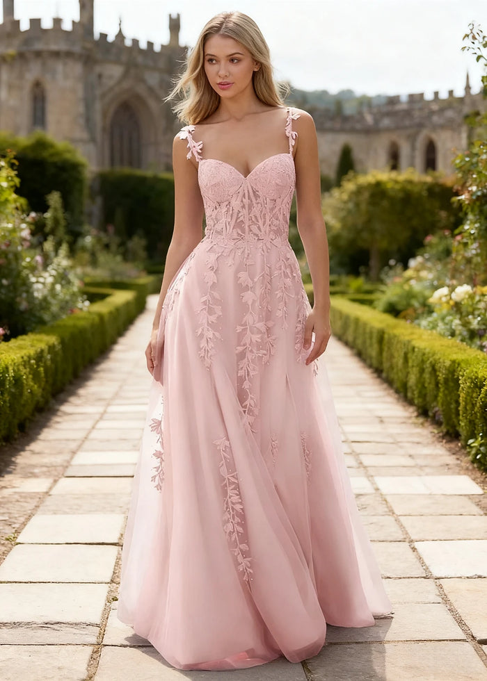 Tansy Blush Pink Lace Beaded Prom Dress | A - Line Sweetheart Neckline Corset Tulle Slit Gown - Blush - PromDressClub