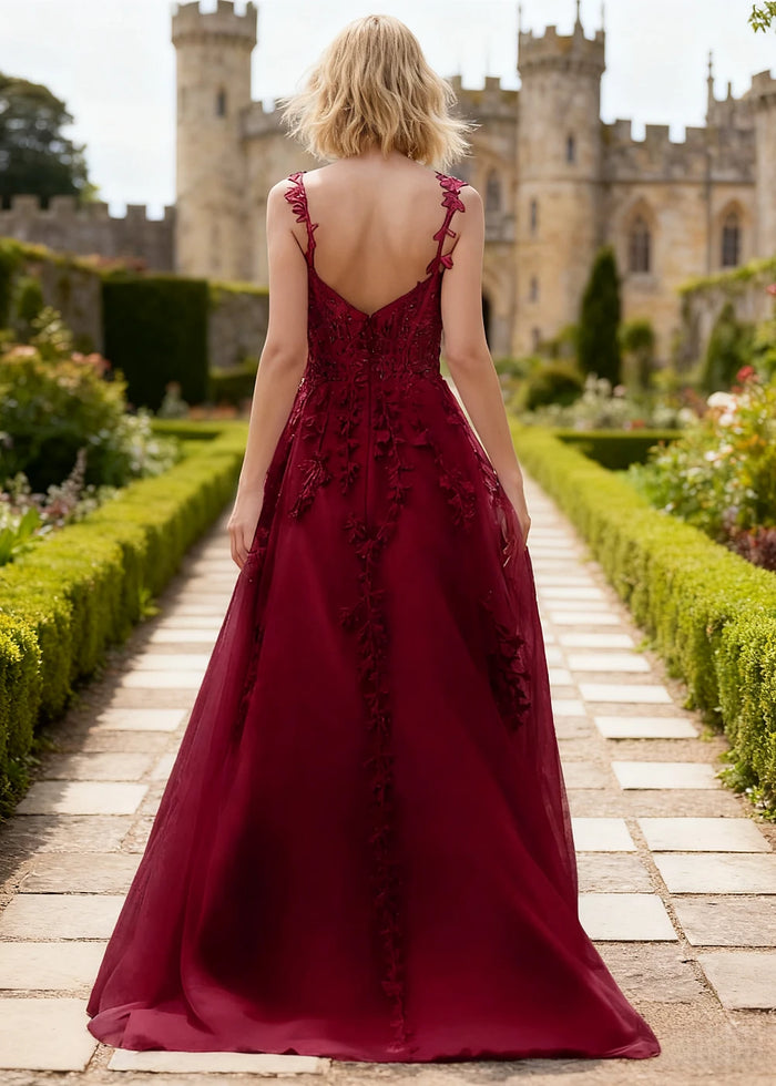 Tansy Burgundy Lace Beaded Prom Dress | A - Line Sweetheart Neckline Corset Tulle Slit Gown - Burgundy - PromDressClub