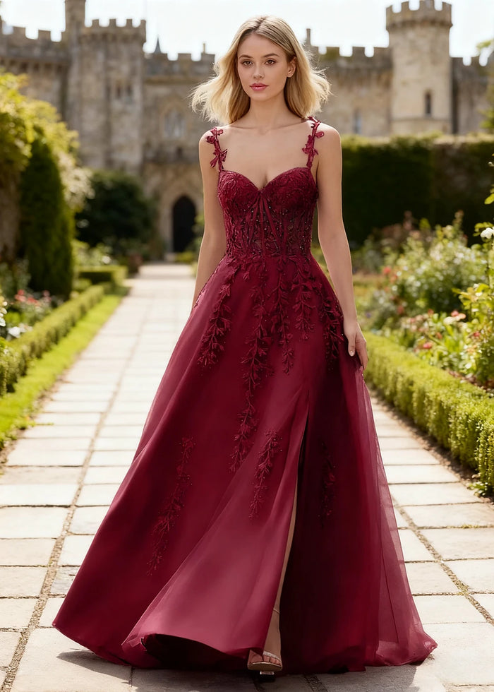 Tansy Burgundy Lace Beaded Prom Dress | A - Line Sweetheart Neckline Corset Tulle Slit Gown - Burgundy - PromDressClub