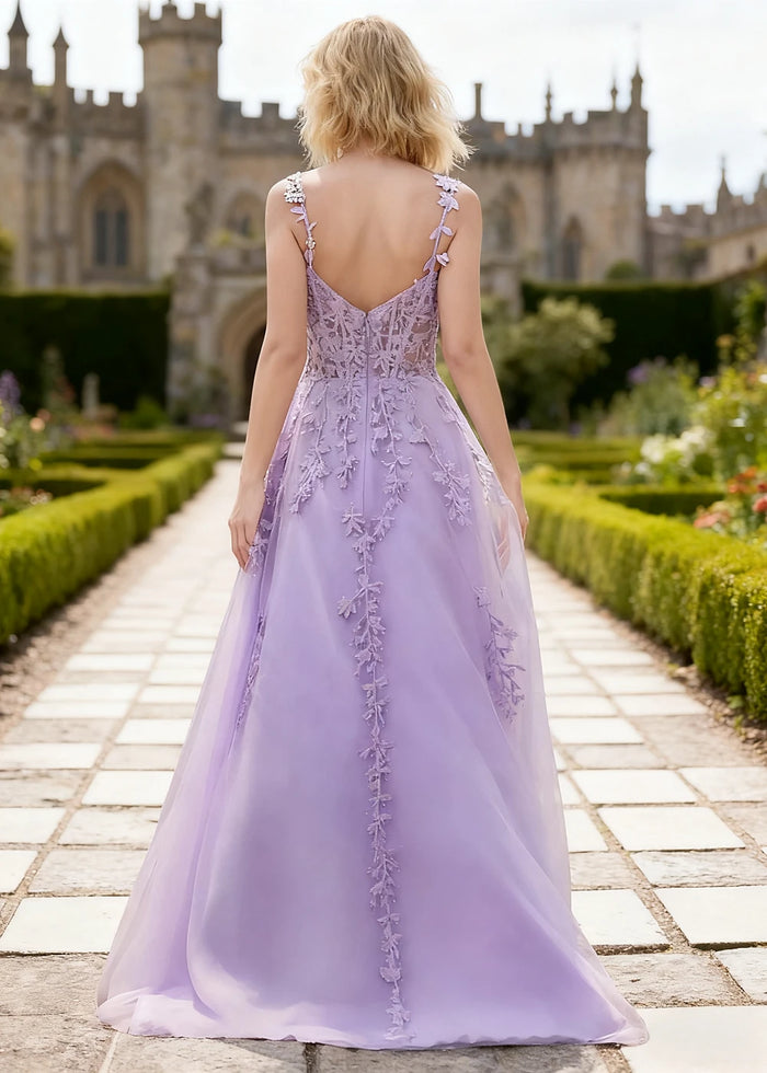 Tansy Lavender Lace Beaded Prom Dress | A - Line Sweetheart Neckline Corset Tulle Slit Gown - Lavender - PromDressClub