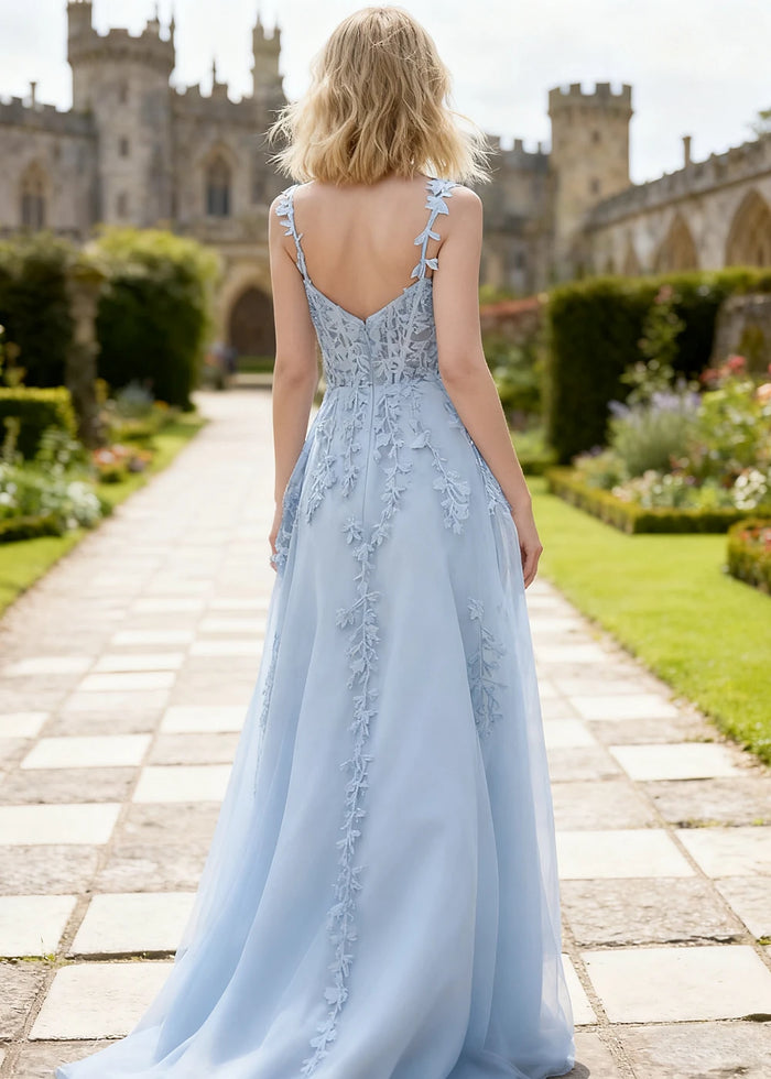 Tansy Sky Blue Lace Beaded Prom Dress | A - Line Sweetheart Neckline Corset Tulle Slit Gown - Sky Blue - PromDressClub