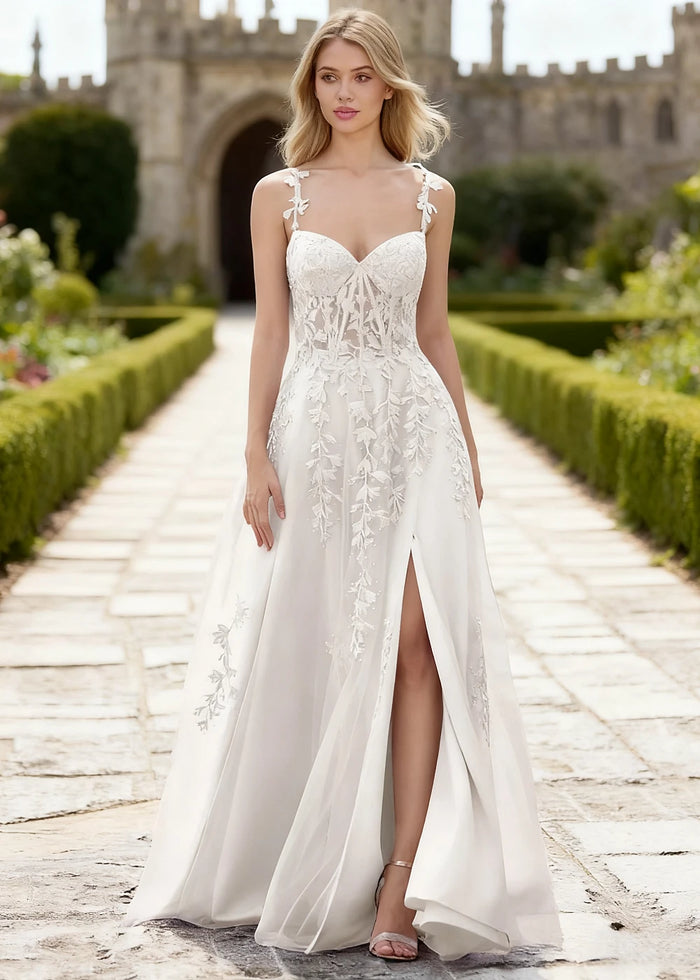 Tansy White Lace Beaded Prom Dress | A - Line Sweetheart Neckline Corset Tulle Slit Gown - White - PromDressClub