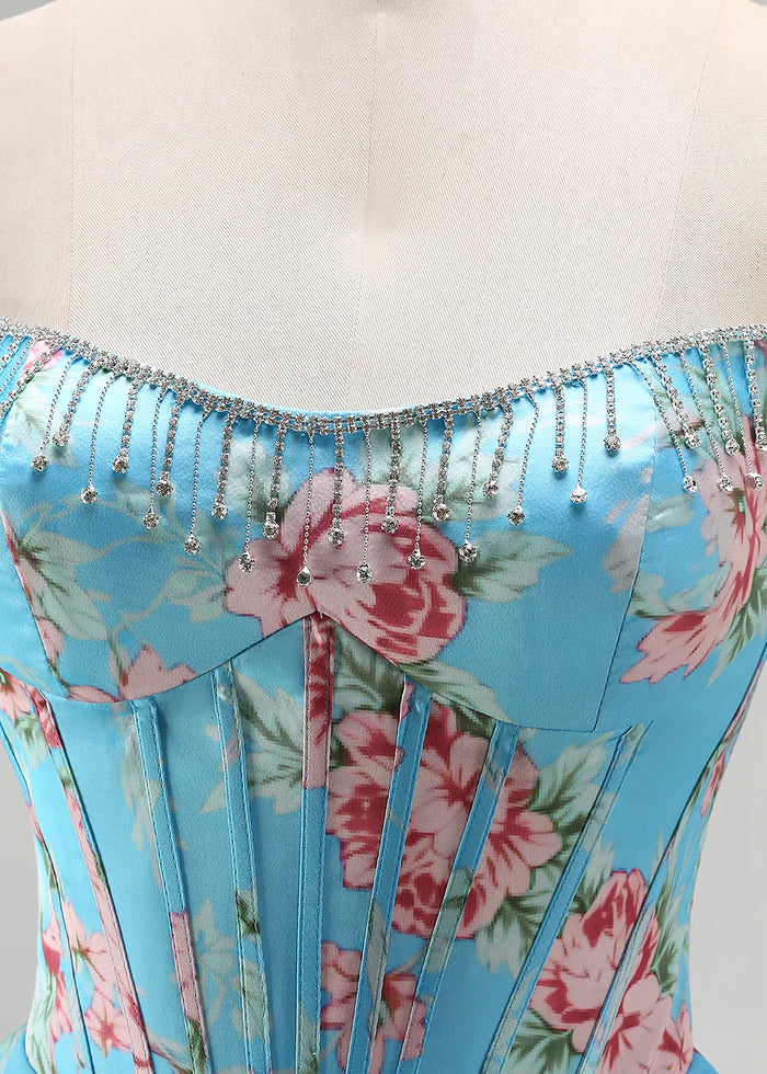 Tara Strapless Blue and Pink Floral Prom Dress | A - Line Corset Tiered Ruffle Formal Dress with Slit - Blue and Pink Floral - PromDressClub