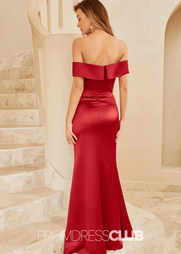 Teresa | Mermaid Burgundy Satin Long Bridesmaid Dress with Split Front and Off the Shoulder - Price #price_variant_lowest# - Burgundy - PromDressClub