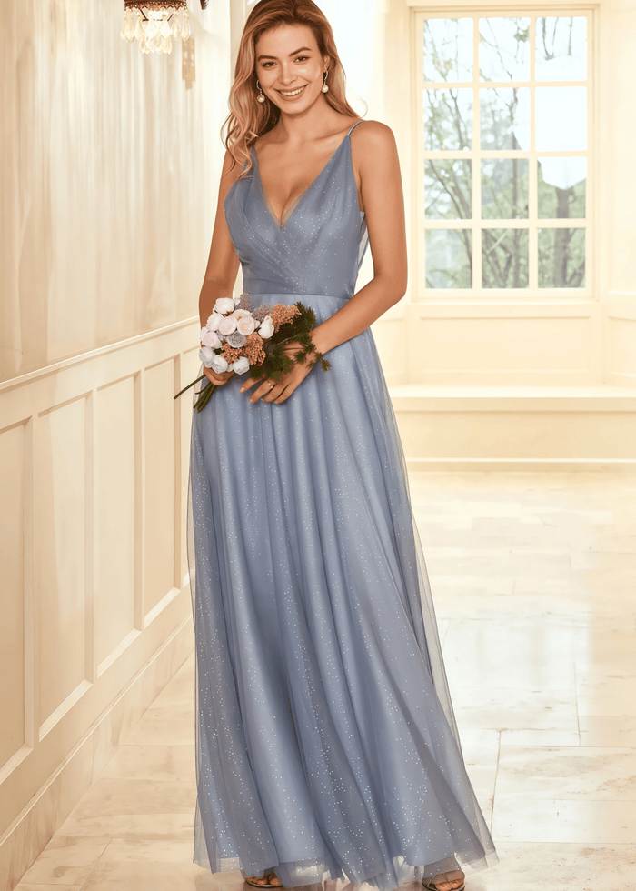 Theresa | A Line Corset Grey Tulle Long Bridesmaid Dress - Price #price_variant_lowest# - Grey - PromDressClub