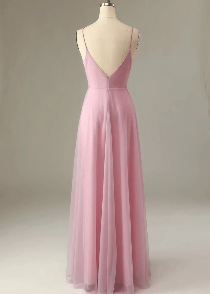 Theresa | A Line Corset Grey Tulle Long Bridesmaid Dress - Price #price_variant_lowest# - Pink - PromDressClub