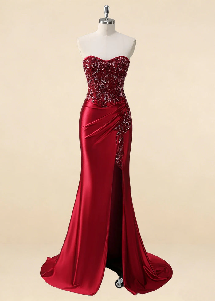 Thora Burgundy Strapless Mermaid Prom Dress | Sequin Corset Pleated Cocktail Dress with Slit - Burgundy - PromDressClub