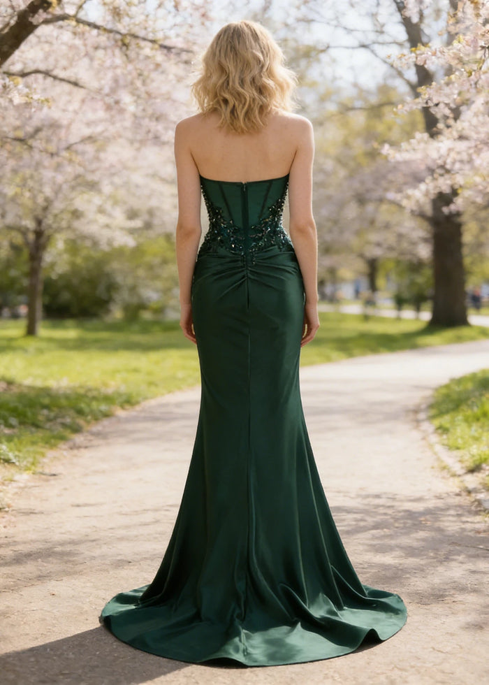 Thora Dark Green Strapless Mermaid Prom Dress | Sequin Corset Pleated Cocktail Dress with Slit - Dark Green - PromDressClub