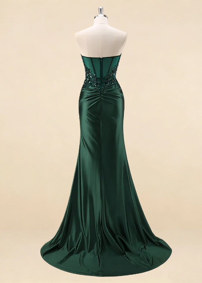 Thora Dark Green Strapless Mermaid Prom Dress | Sequin Corset Pleated Cocktail Dress with Slit - Dark Green - PromDressClub