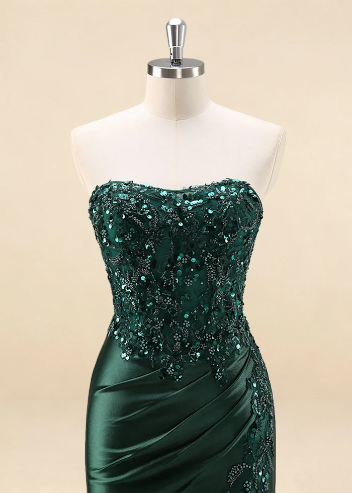 Thora Dark Green Strapless Mermaid Prom Dress | Sequin Corset Pleated Cocktail Dress with Slit - Dark Green - PromDressClub
