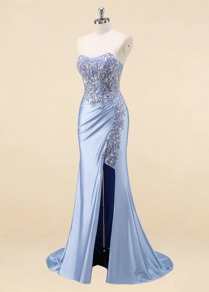 Thora Light Blue Strapless Mermaid Prom Dress | Sequin Corset Pleated Cocktail Dress with Slit - Light Blue - PromDressClub