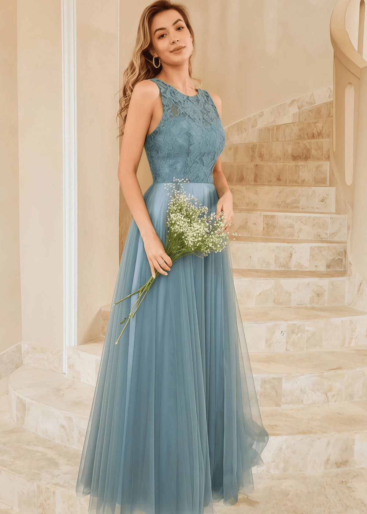 Tiffany | A Line Lace Embroider Grey Blue Tulle Maxi Bridesmaid Dress - Price #price_variant_lowest# - Grey Blue - PromDressClub