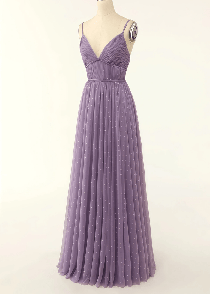 Tina | A Line Polka Dots Ruffles Pink Tulle Long Bridesmaid Dress - Price #price_variant_lowest# - Purple - PromDressClub