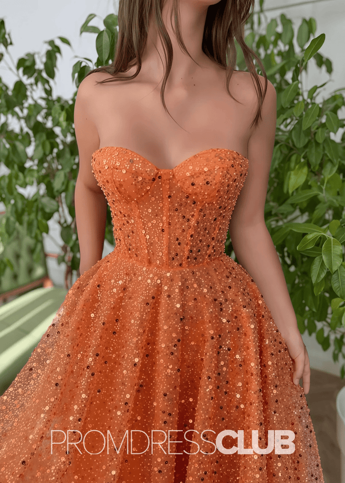 Tina |Orange Dresses For Prom Long A Line With Length Sleeveless Sweetheart Sequins - Price #price_variant_lowest# - Orange - PromDressClub