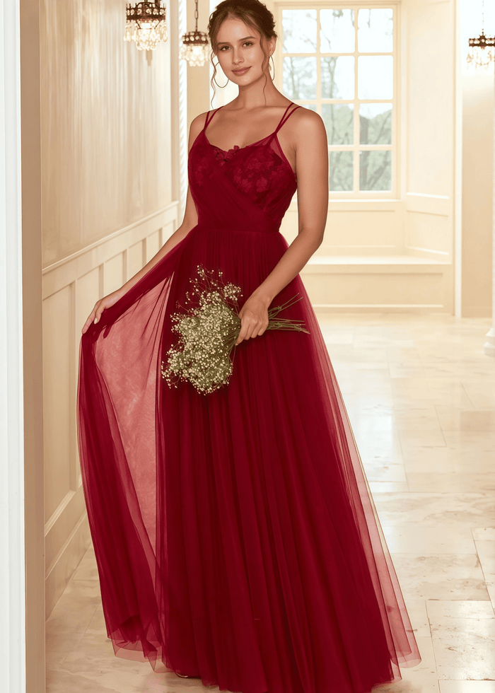 Tobey | A Line Lace Embroider Burgundy Tulle Long Bridesmaid Dress - Price #price_variant_lowest# - Burgundy - PromDressClub
