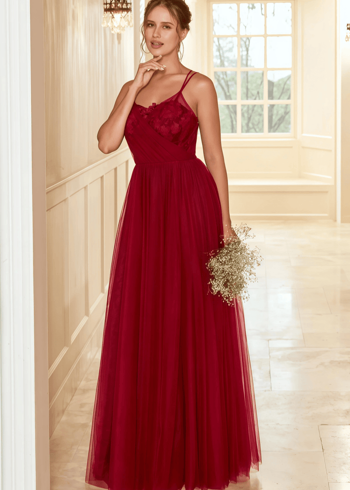 Tobey | A Line Lace Embroider Burgundy Tulle Long Bridesmaid Dress - Price #price_variant_lowest# - Burgundy - PromDressClub