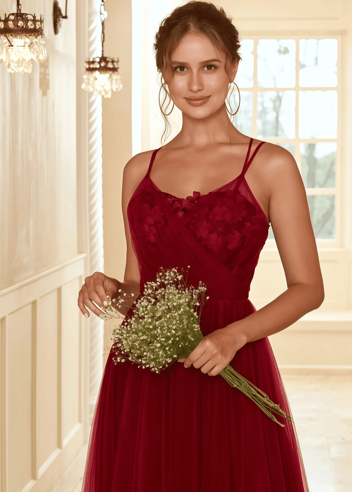 Tobey | A Line Lace Embroider Burgundy Tulle Long Bridesmaid Dress - Price #price_variant_lowest# - Burgundy - PromDressClub