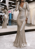 Tracy |Prom Dresses Silver Long Sleeves Mermaid Elegant Sheath V - Neck Sequins - Silver - PromDressClub