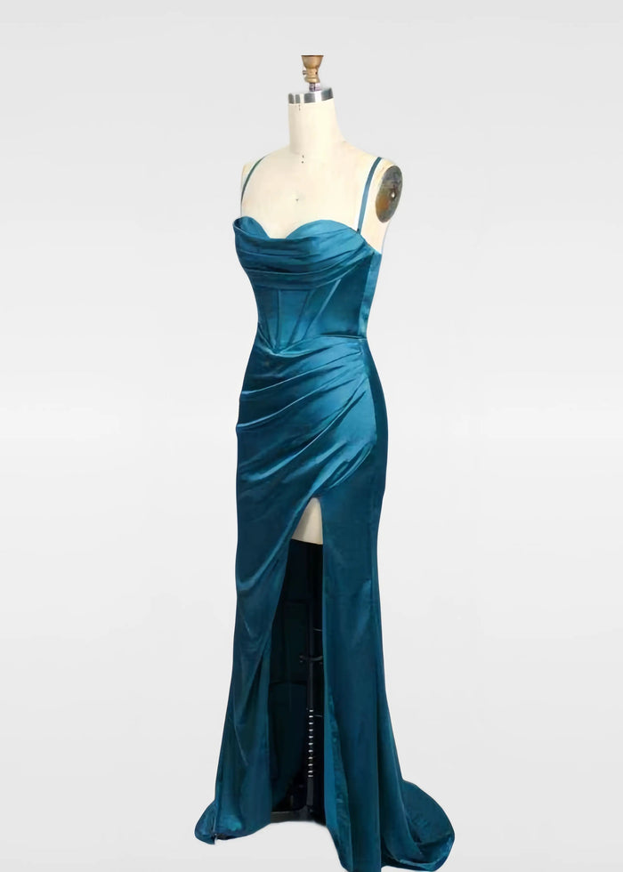 Jessica | Red and Teal Mermaid Pleated Satin Prom Dress Prom with Slit - Red - PromDressClub