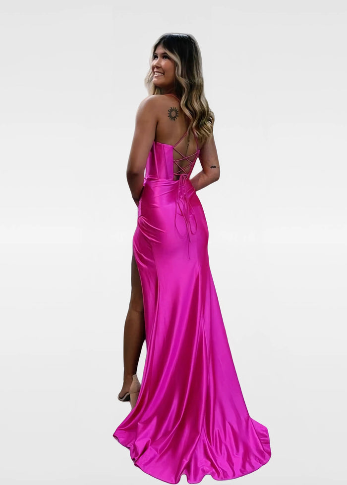 Jessica | Red and Teal Mermaid Pleated Satin Prom Dress Prom with Slit - Red - PromDressClub