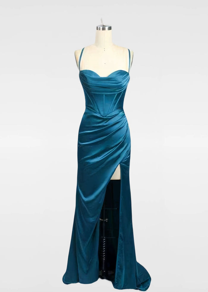 Jessica | Red and Teal Mermaid Pleated Satin Prom Dress Prom with Slit - Teal - PromDressClub