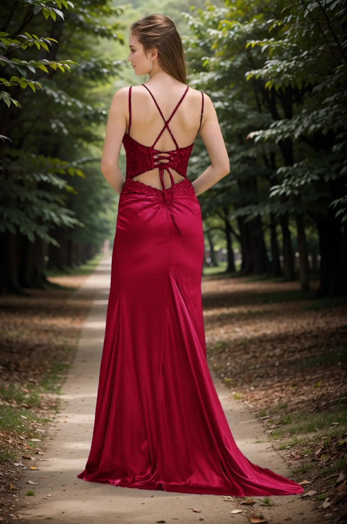 Honey | Emerald Green and Black Lace Mermaid Backless Pleated Prom Dress with Slit - Burgundy - PromDressClub