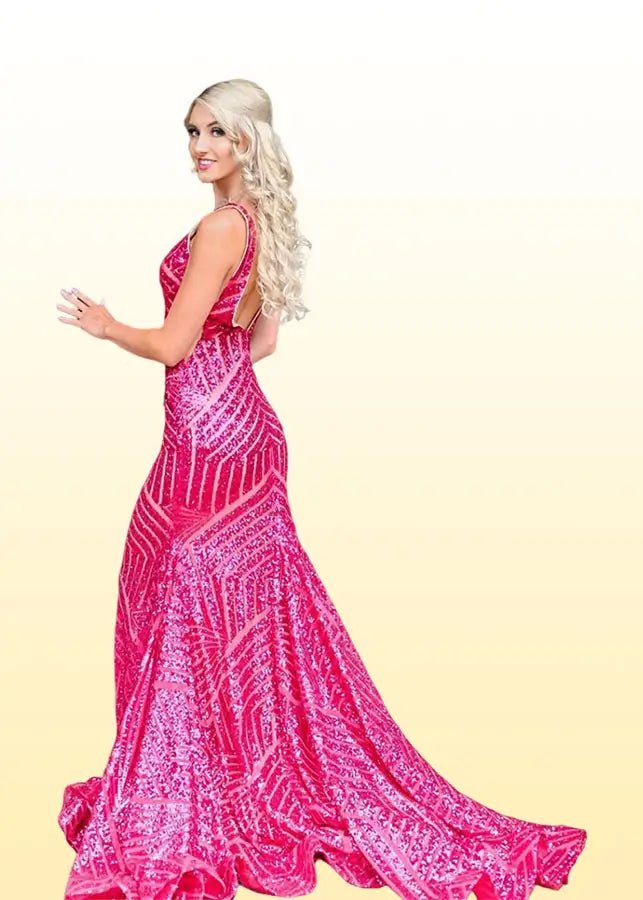 Hilda | Royal Blue Prom Dresses Long Trumpet V Neck Sweep Train Sequins - Fuchsia - PromDressClub