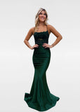 Geraldine |Trumpet/Mermaid Squares Satin Straps Crossed Back Long Green Prom Dress With Beaded - Green - US0 - PromDressClub