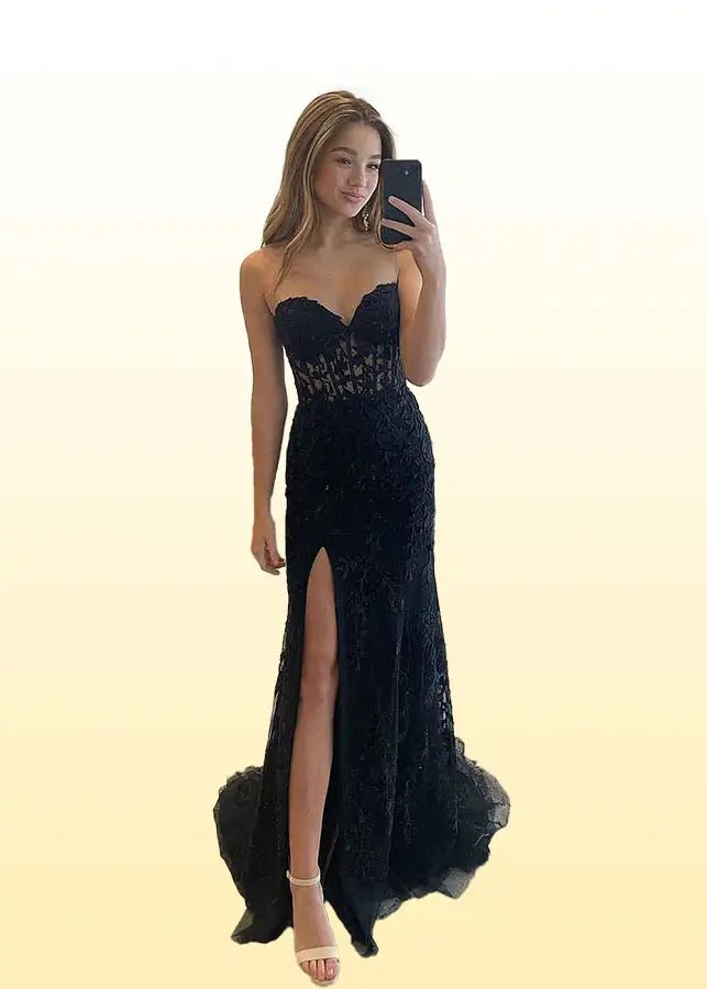 Frederica |Trumpet/Mermaid Strapless Royal Blue Lace Corset Long Prom Dress with Slit - Black - US0 - PromDressClub