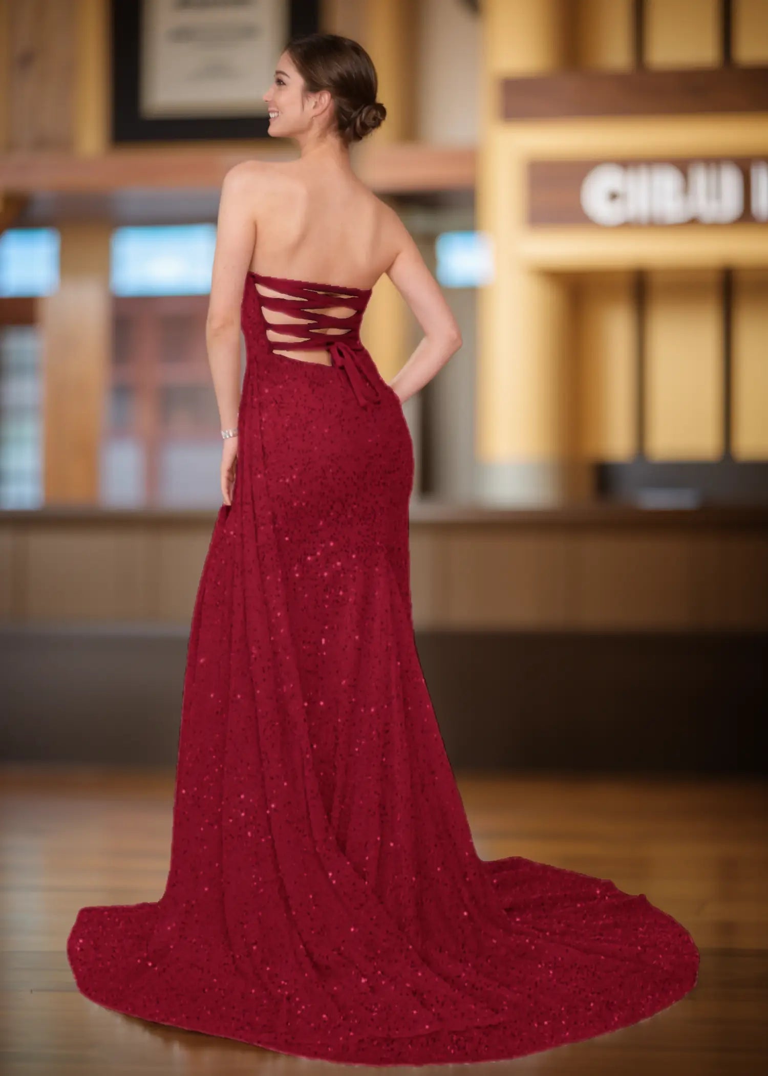 Wallis |Trumpet/Mermaid Sweetheart Neckline Lace - up Back Front Slit Long Pink Prom Dress With Sequins - Burgundy - US0 - PromDressClub