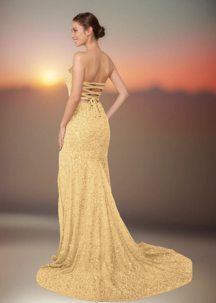 Wallis | Light Pink Mermaid Strapless Sweetheart Neck Prom Dress with Slit and Train - Gold - PromDressClub