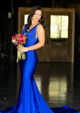 Jessica |Trumpet/Mermaid V - neck Jersey Sweep Train Royal Blue Long Prom Dresses With Crystal Detailing - Royal Blue - US0 - PromDressClub