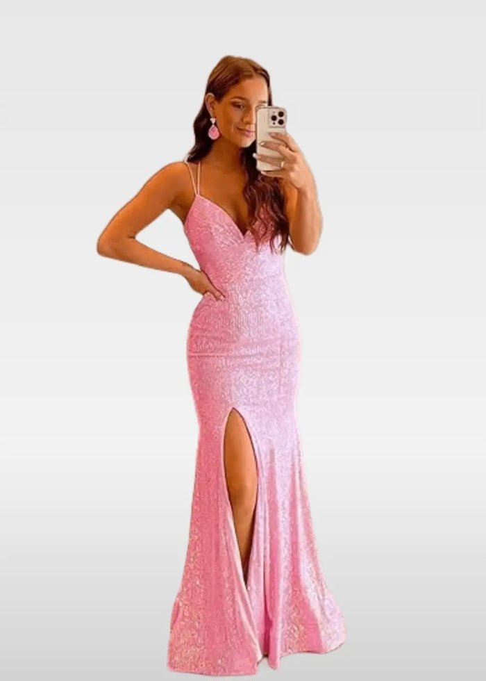 Elvira | Ivory and Orange Mermaid V Neck Prom Dress Royal Blue Sequin with Slit - Light Pink - PromDressClub