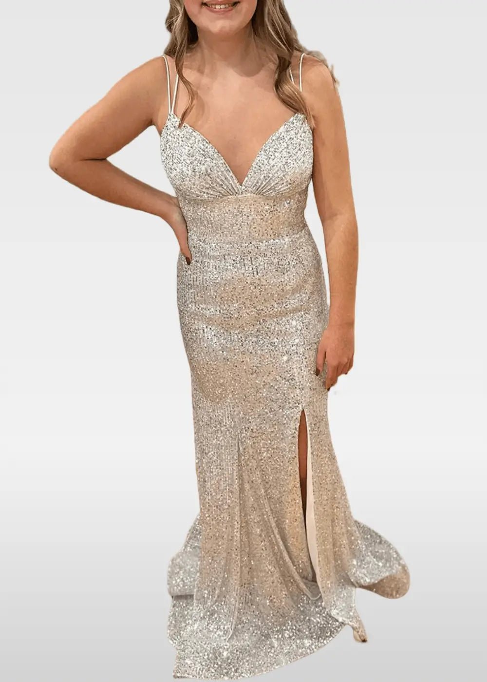 Elvira |Trumpet/Mermaid V - Neck Spaghetti Straps Ivory Sequins Long Prom Dress with Split Front - Champagne - US0 - PromDressClub